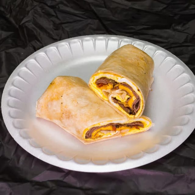 Bacon, Eggs, Potato & Cheese Burrito.